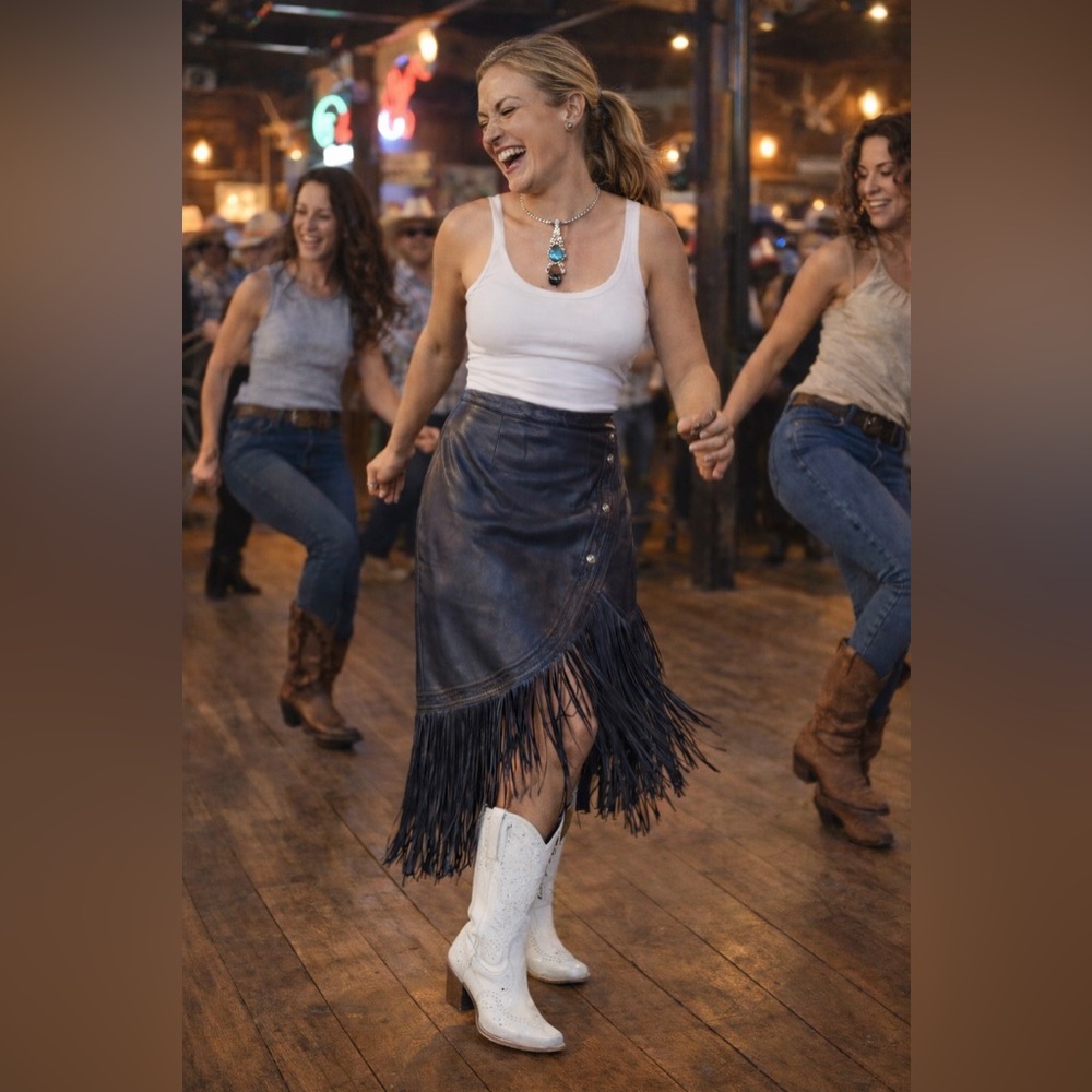 Continental baby soft lamb skin leather fringe skirt Indigo blue. NWOT cowgirl